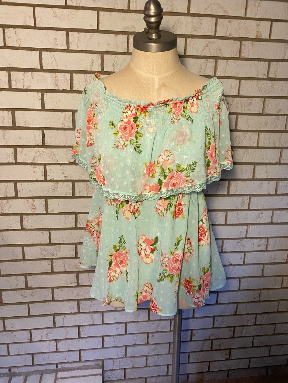 torrid Mint Floral Off-Shoulder Ruffle Blouse